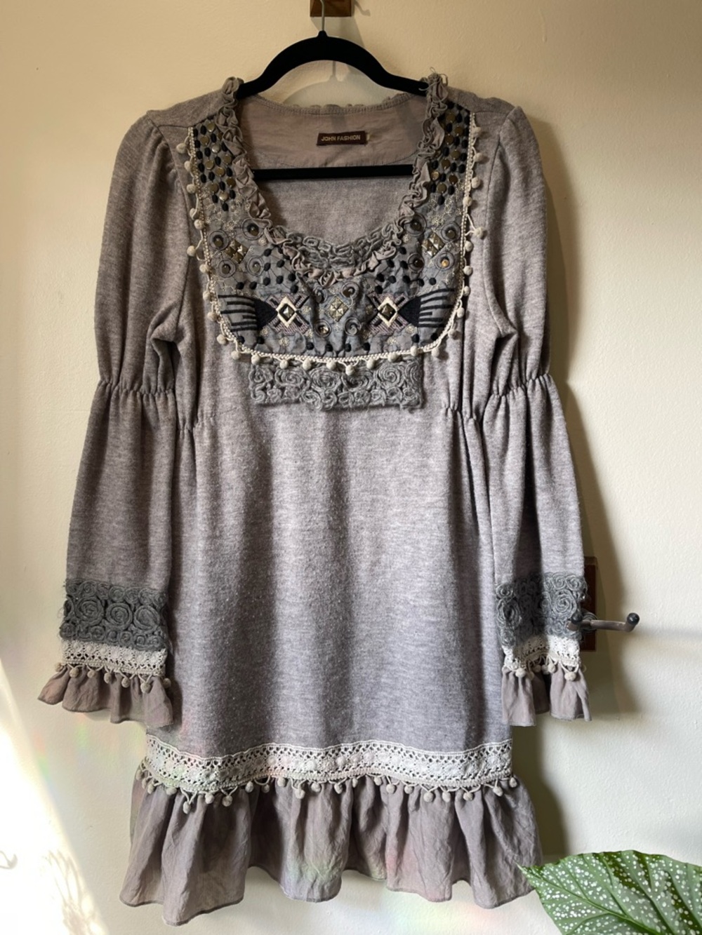 Boho Embellished Wool Long Sleeve Tunic Dress